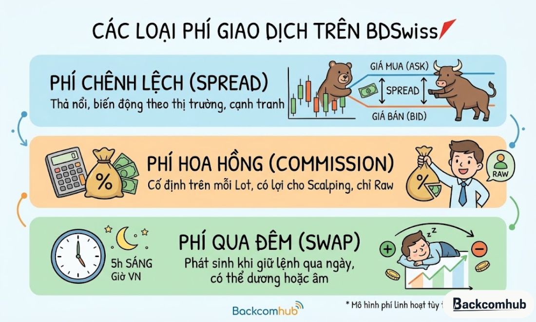 3 loại phí mà nhà đầu tư cần đóng khi chơi trên sàn bdswiss là: Phí chênh lệch, phí hoa hồng và phí qua đêm