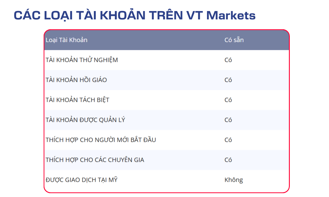 Các loại tài khoản có trên VT Markets