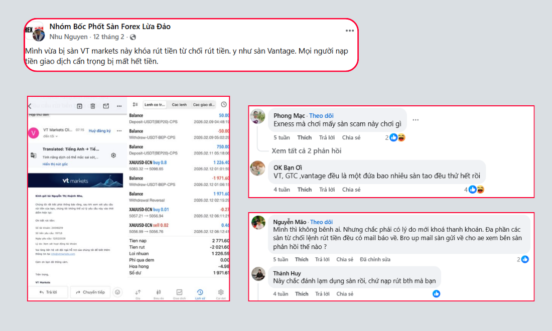 Hình ảnh về một bài đăng trên group phản ánh về dịch vụ rút tiền của VT Markets