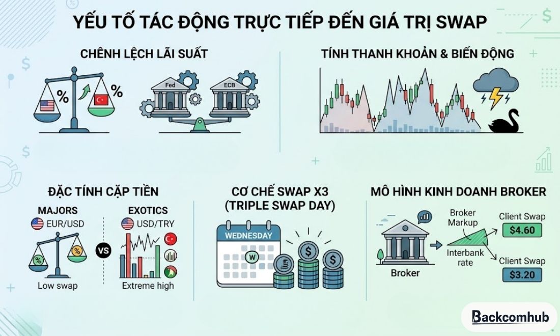 Giá trị của phí swap bị tác động bởi nhiều yếu tố 