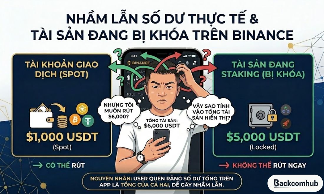 Nhầm lẫn giữa số dư thực tế và tài sản đang bị khóa trên sàn Binance là nguyên nhân khá phổ biến 