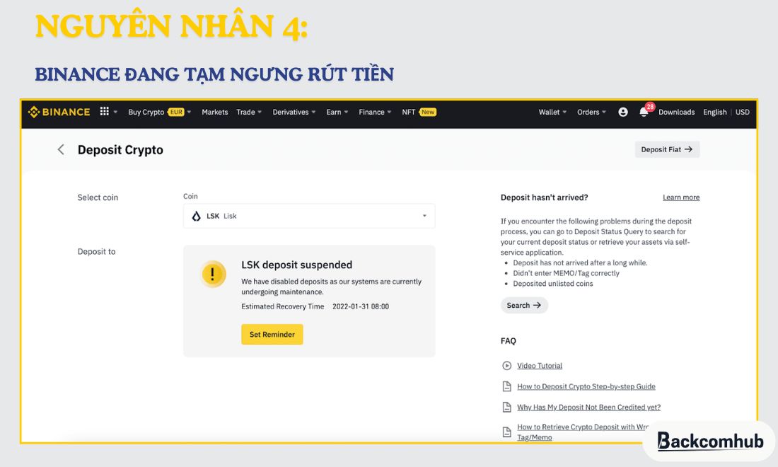 Sàn Binance đang bảo trì cũng là một trong những lý do khiến rút tiền không thành công 
