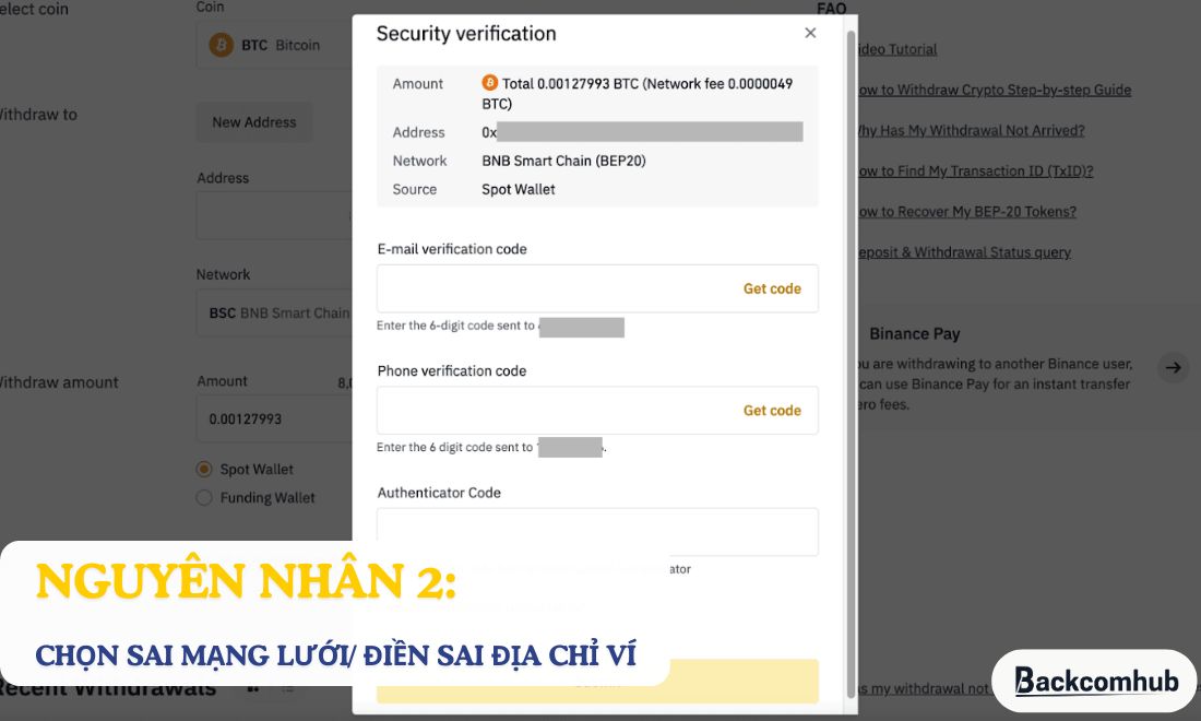 Rút tiền từ Binance về ví không thành công do chọn sai mạng lưới hoặc điền sai địa chỉ ví 