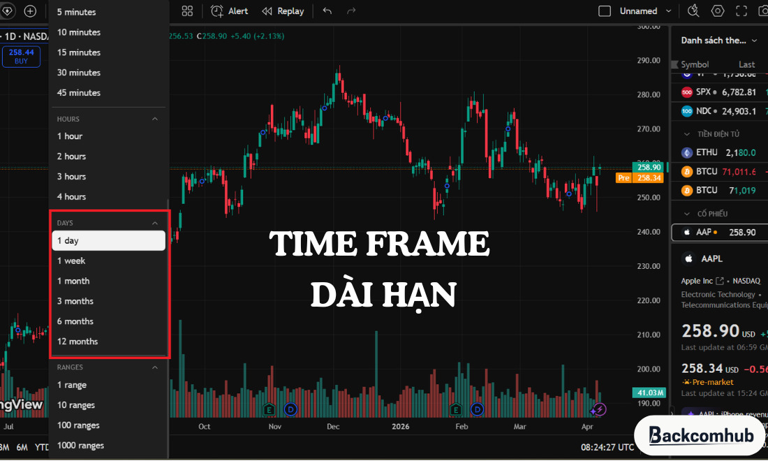 Time frame dài hạn có 3 khung thời gian là D1, W1 và MN 