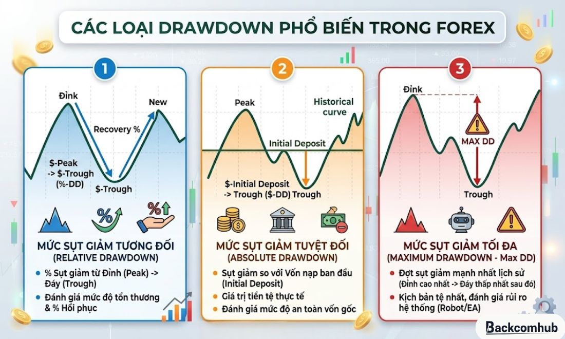 Các loại Drawdown là gì? Có 3 loại sụt giảm mức vốn trong đầu tư tài chính là: Drawdown tương đối, Drawdown tuyệt đối và Drawdown tối đa 