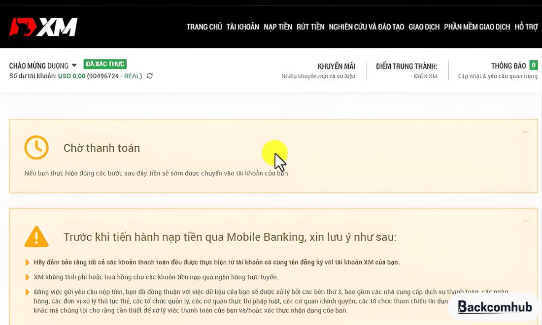 Hoàn tất việc nạp tiền vào sàn XM