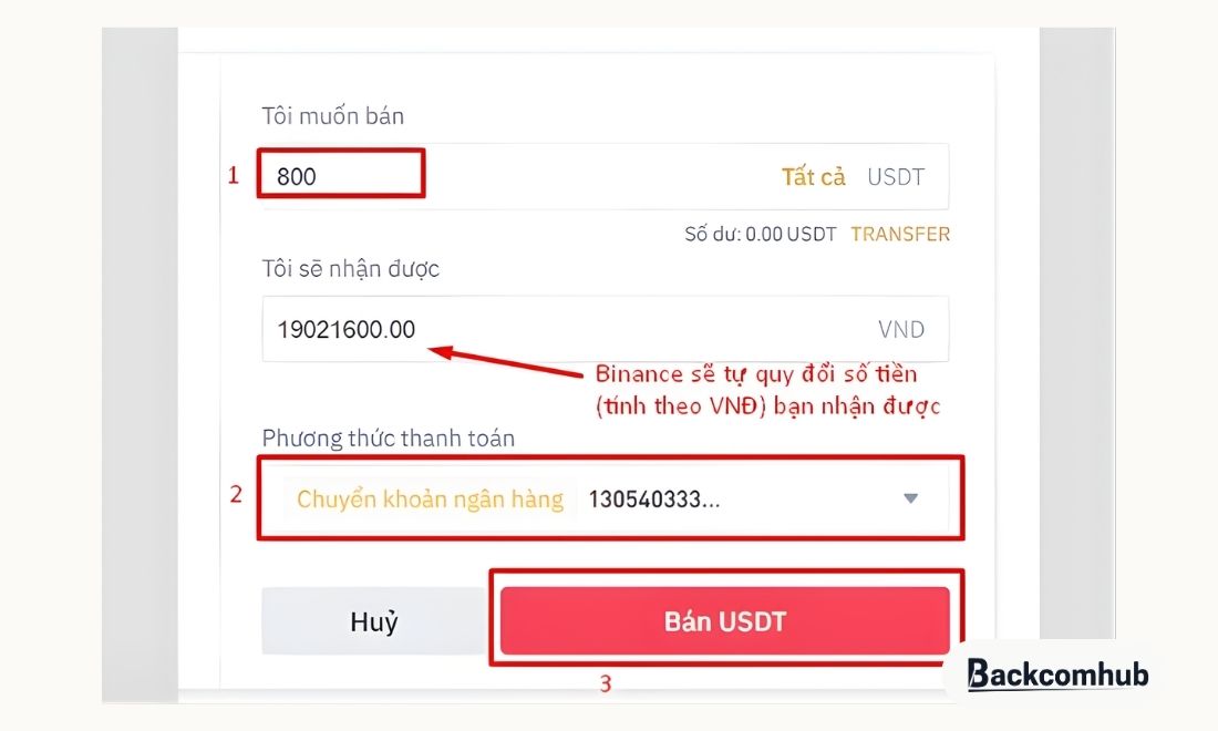 Nhập số lượng đô muốn bán và ấn vào bán usdt 