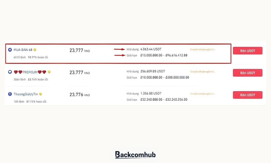 Bấm vào "Bán USDT" 