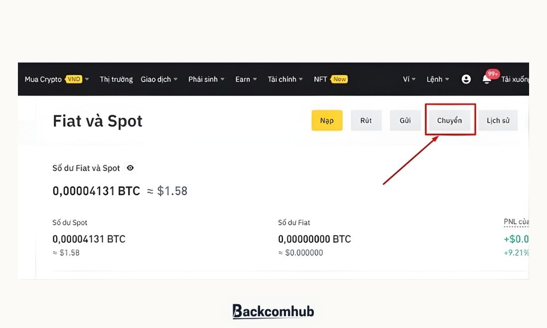 Đầu tiên cần truy cập ví fiat và spot sau đó nhấn nút chuyển 