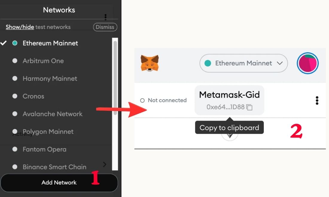 Trước tiên cần thiết lập mạng lưới và sao chép địa chỉ ví trên Metamask 