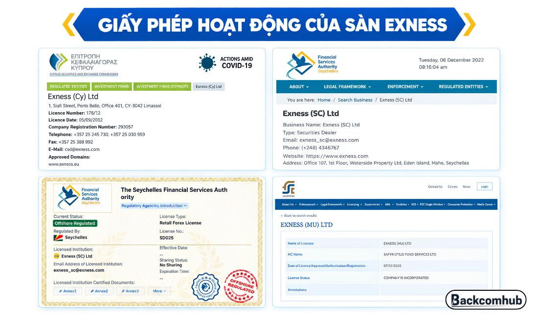 Sàn Exness sở hữu nhiều giấy phép hoạt động từ các tổ chức uy tín