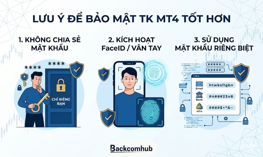 Không chia sẻ pass cho người khác, không dùng chung pass cho nhiều loại tài khoản là điều mà nhà đầu tư cần lưu ý để bảo mật tài khoản MT4 trên điện thoại 