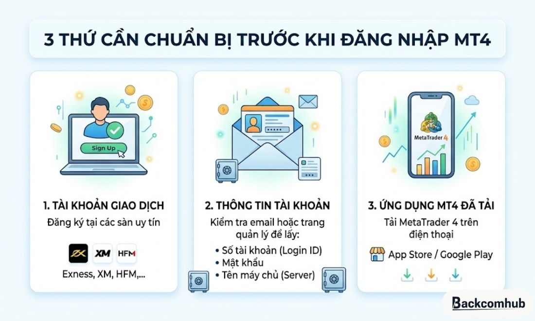 3 Thứ cần chuẩn bị trước khi đăng nhập vào MT4 trên điện thoại là: Ứng dụng MT4, thông tin đăng nhập và tài khoản sàn giao dịch 