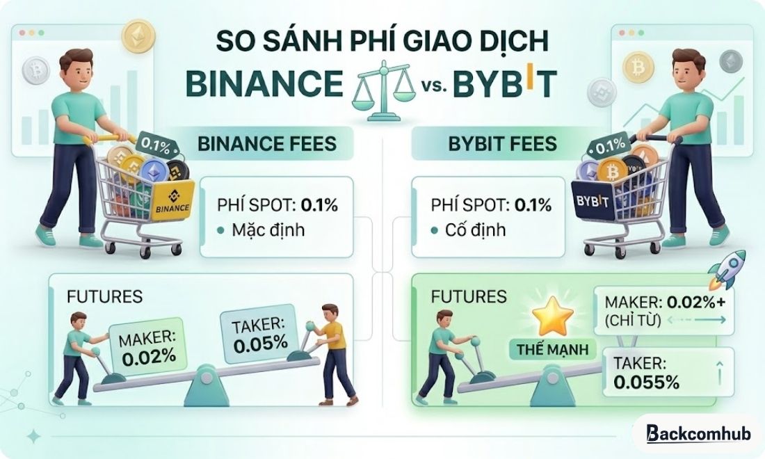 Phí giao dịch của sàn Binance và Bybit không chênh lệch nhau là mấy nhưng hai sàn cơ cơ chế giảm phí riêng cho người dùng 