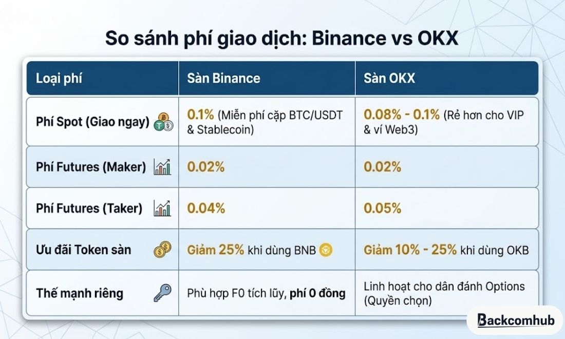 Cả sàn Binance lẫn OKX đều thu phí giao dịch và có chính sách giảm phí cho nhà đầu tư 