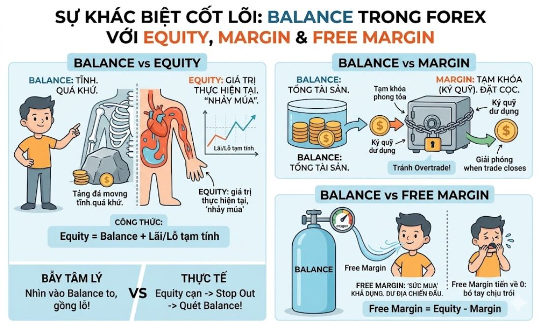 Sự khác biệt của balance với Equity, Margin và Free Margin