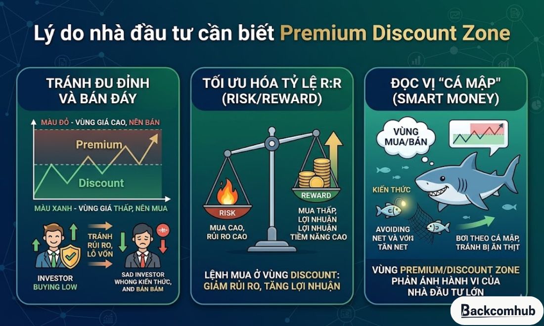 Biết được Premium Discount zone sẽ giúp nhà đầu tư: Tránh đu đỉnh, bán đáy, giảm tỷ lệ R:R và đọc vị được cá mập 
