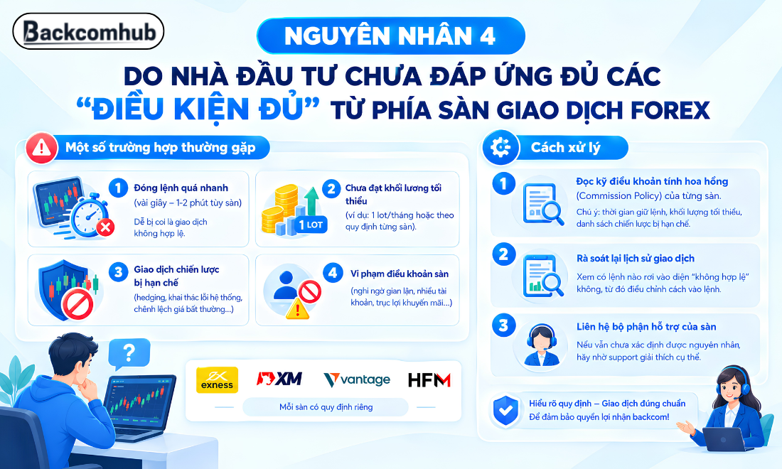 Nhà đầu tư cũng không thể nhận backcom trên các sàn forex nếu không đạt các điều kiện mà sàn đưa ra khi giao dịch