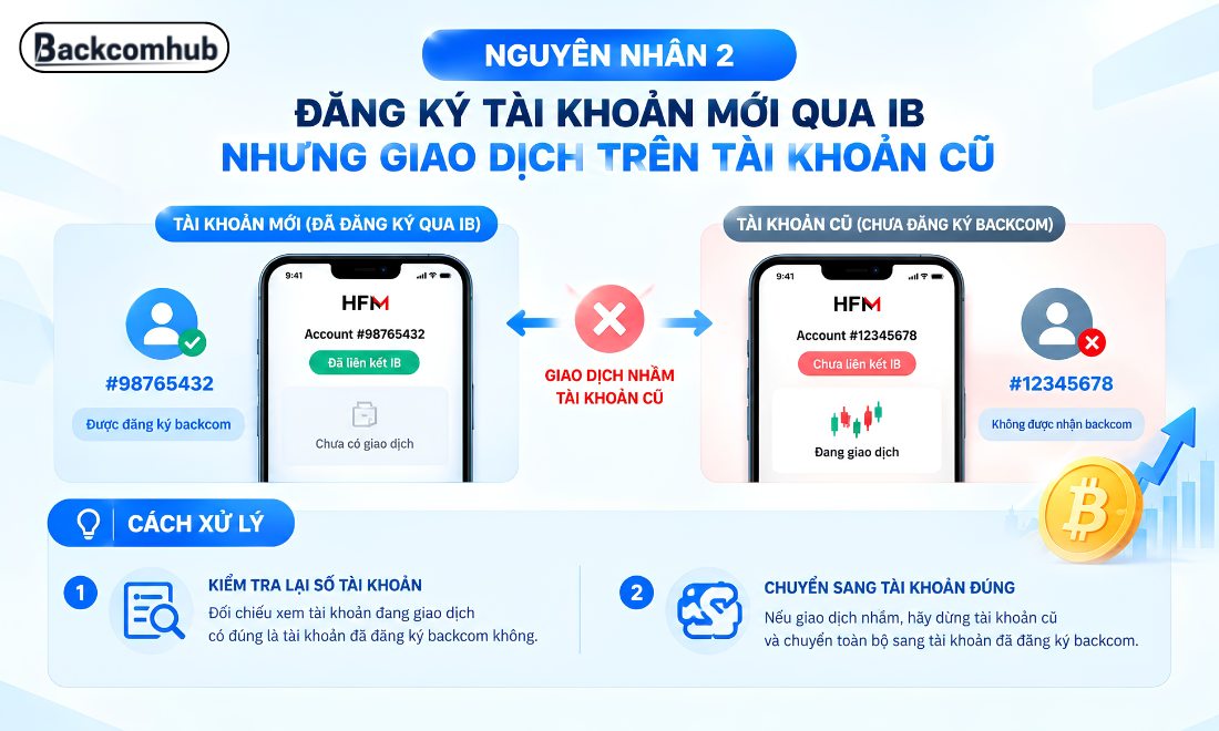 Giao dịch trên tài khoản cũ chưa đăng ký backcom cũng là một trong những nguyên nhân khiến trader không nhận được backcom phí giao dịch