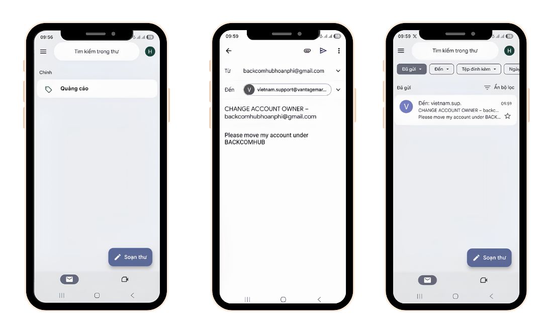 Các bước chuyển đổi đối tác cho tài khoản Vantage bằng cách gửi email tới bộ phận hỗ trợ 