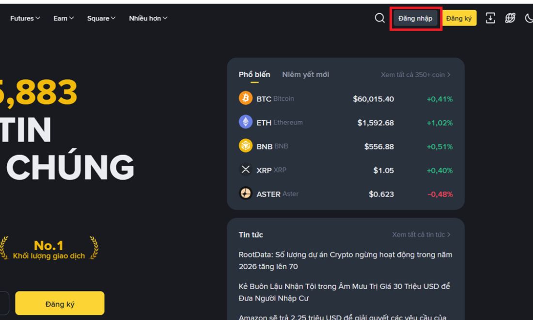 Nhấn vào nút đăng nhập để truy cập vào tài khoản Binance của mình 