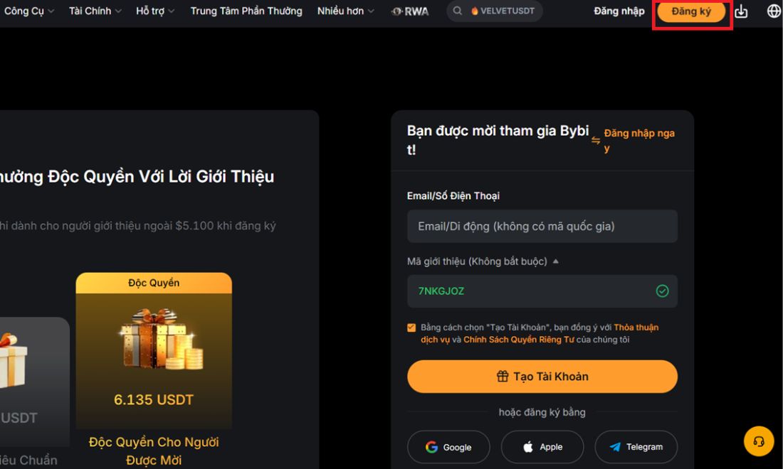 Đầu tiên cần nhấn vào nút "Đăng ký" để tạo lập tài khoản Binance 