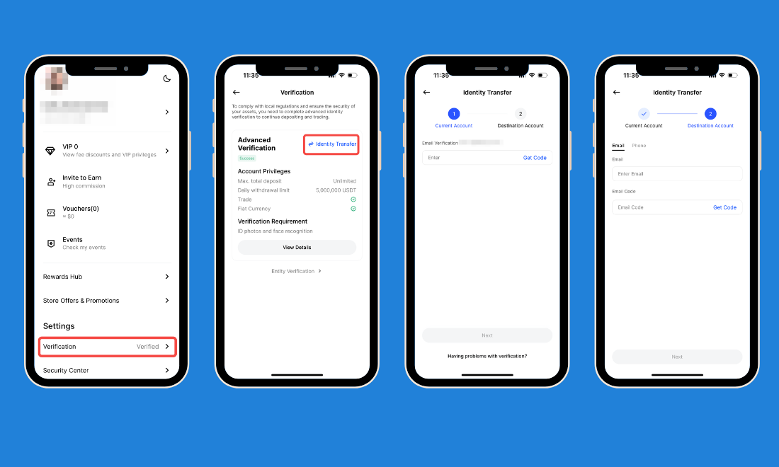 Các bước đổi danh tính từ tài khoản BingX cũ sang tài khoản BingX mới trên app 