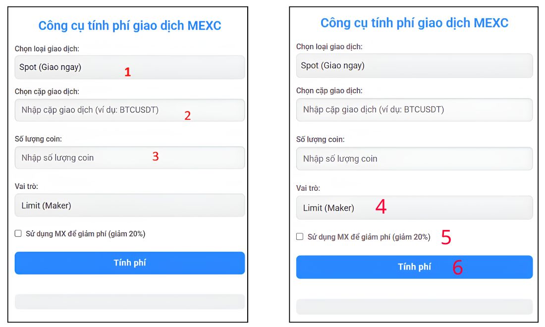 Các bước sử dụng công cụ tính phí spot tự động trên sàn Mexc