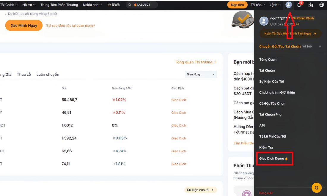 Truy cập vào chế độ demo trên sàn bybit 