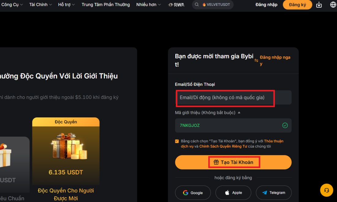 Dùng email hoặc số điện thoại để tạo tài khoản Binance 