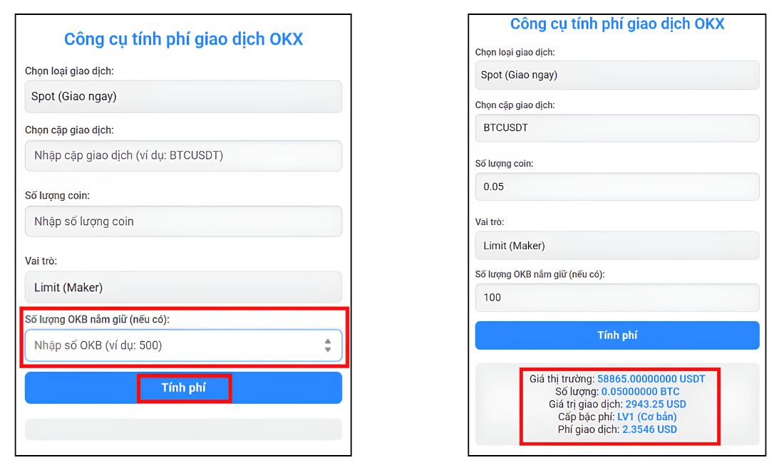 Điền số lượng OKB (Nếu có) sau đó nhấn nút "Tính phí" và đọc kết quả 