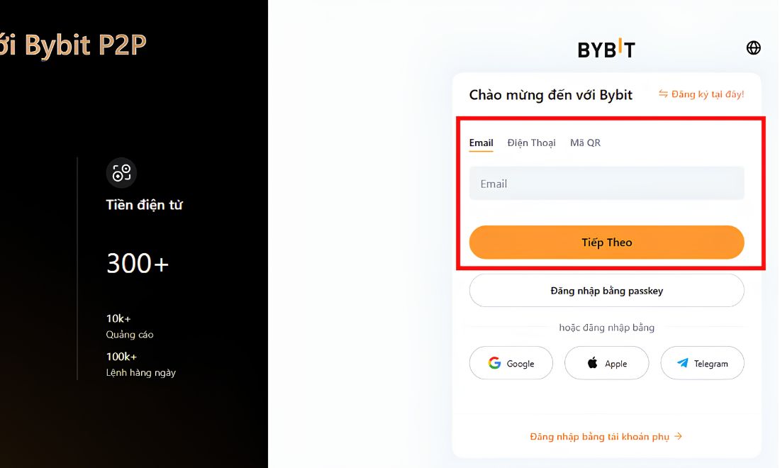 Dể mở tài khoản demo trên sàn Bybit, trước tiên người dùng cần điền email hoặc số điện thoại để truy cập vào tài khoản Bybit thực 