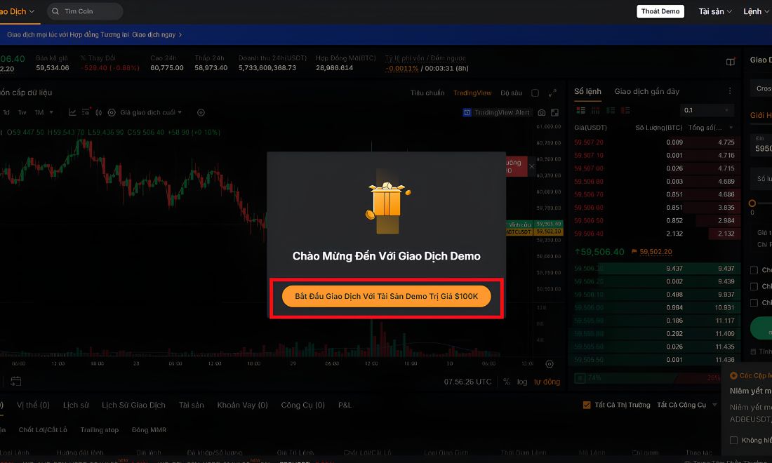 Nhấn vào nút "Bắt đầu giao dịch với tài sản demo trị giá $100K"