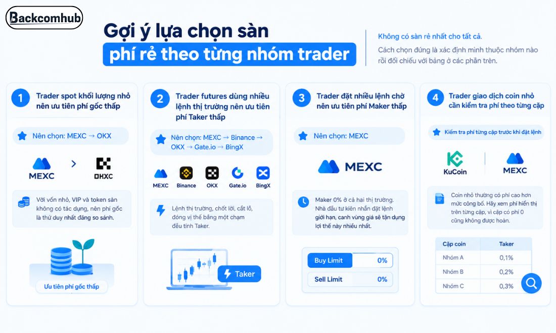 Gợi ý lựa chọn sàn crypto có phí giao dịch rẻ theo từng nhóm trader