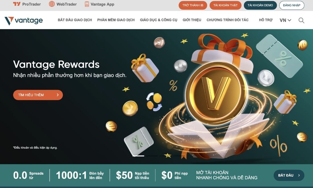 Với mức spread ổn đinh, Vantage cũng là sự lựa chọn hoàn hảo cho các nhà đầu tư muốn trade và nhận hoàn phí giao dịch vàng 