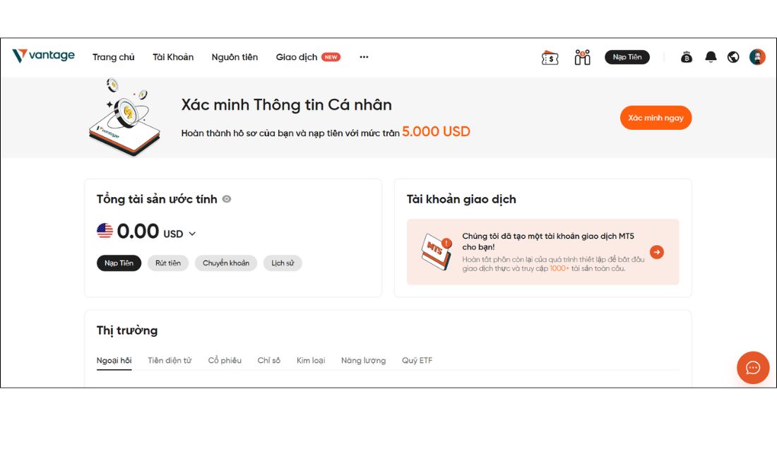 Trước tiên cần đăng nhập vào cổng thông tin khách hàng trên tài khoản Vantage 