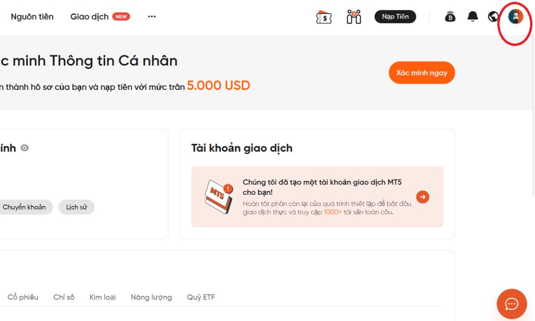 Tiếp theo mở thông tin hồ sơ tài khoản 