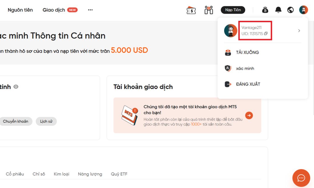 Cuối cùng sao chép UID Vantage và gửi cho IB để xác nhận đăng ký backcom 