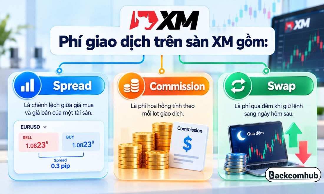 Phí giao dịch trên sàn XM gồm 3 loại là: Spread, Swap và Commision 
