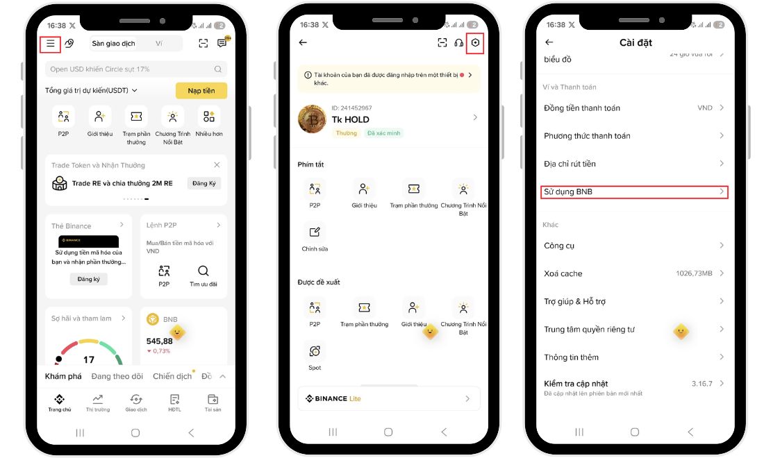 Trước tiên cần truy cập vào tài khoản Binance, vào mục "Bảng điều khiển" và tìm đến phần "Sử dụng BNB" 