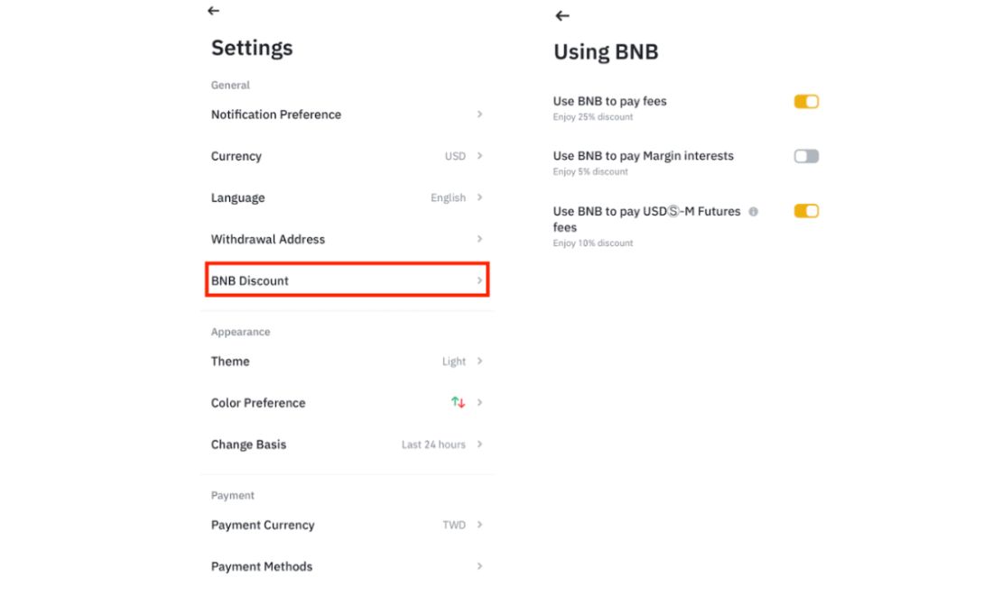 Cách bật giảm phí Binance bằng BNB trên máy tính cũng tương tự trên điện thoại 