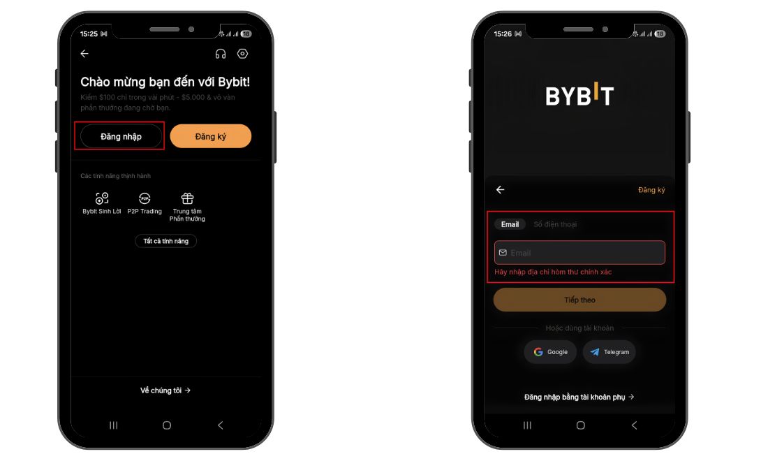 Mở ứng dụng Bybit và điền thông tin đăng nhập 