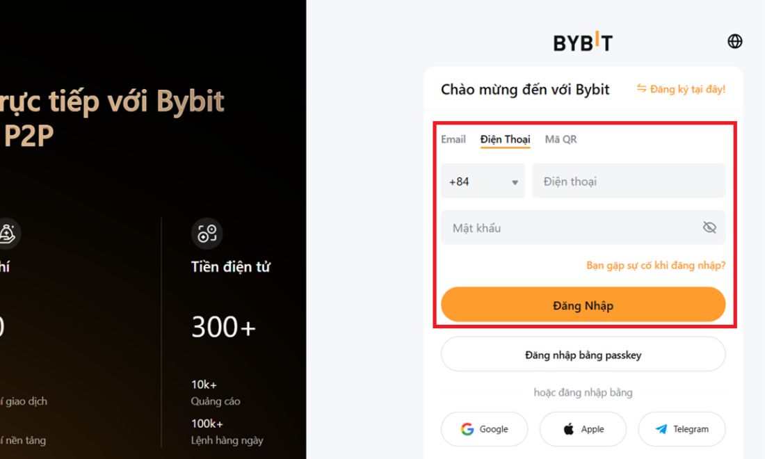 Dùng số điện thoại để đăng nhập tài khoản Bybit 