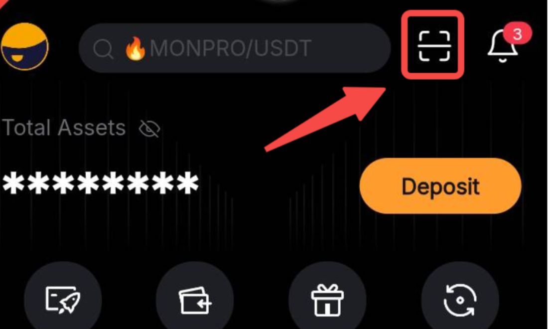 Sử dụng điện thoại, mở app Bybit ra và nhấn vào biểu tượng quét mã QR ở trên cùng màn hình 