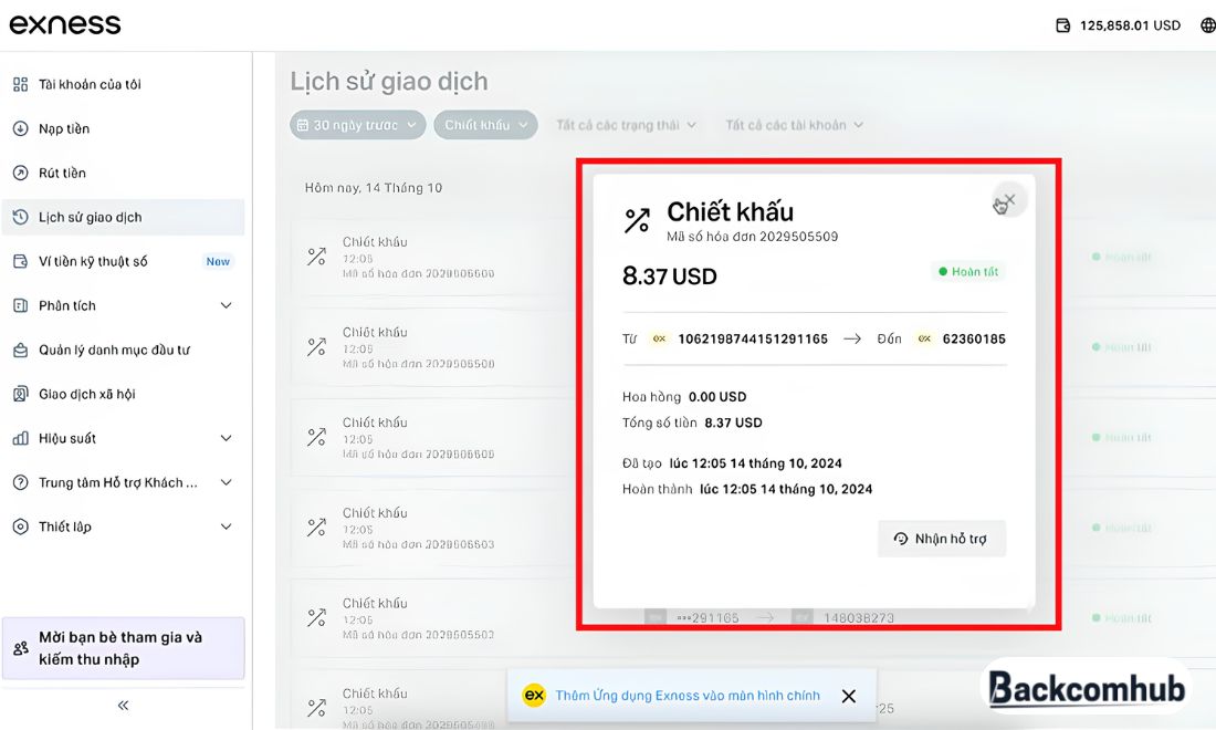 Nhấn vào từng mục để xem thông tin cụ thể về khoản tiền hoàn phí đó 