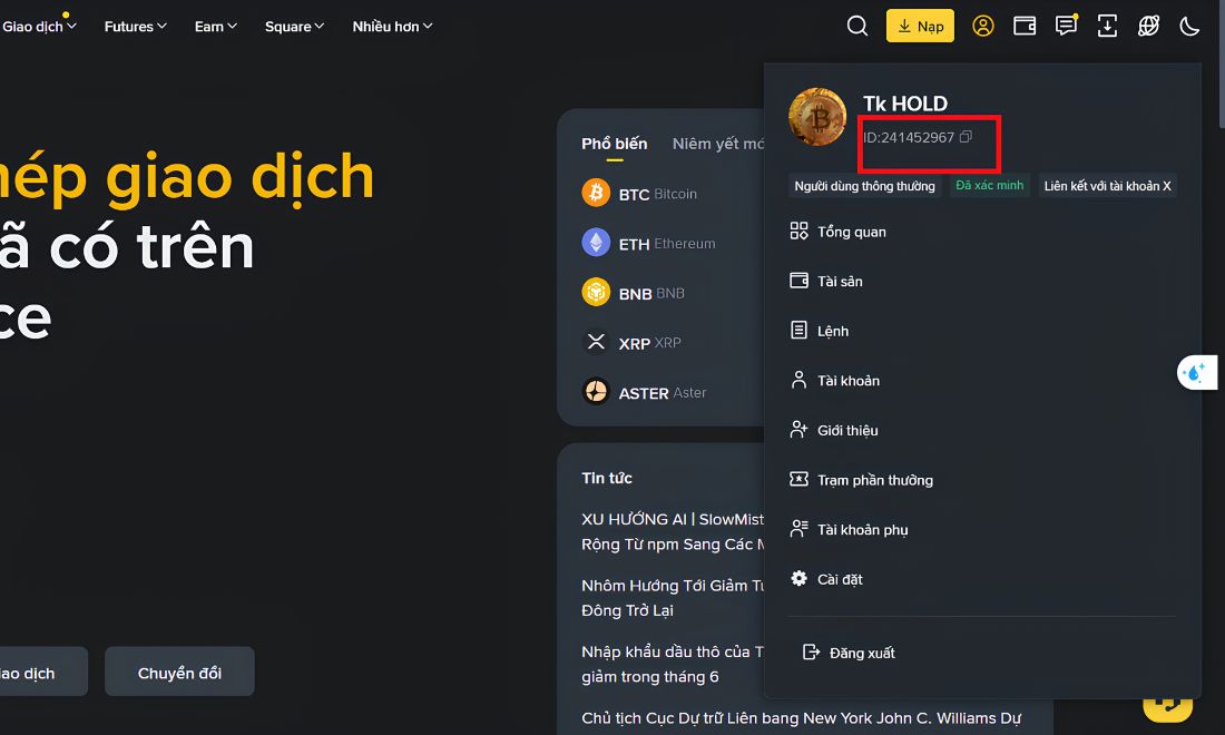 Mã UID Binance được hiển thị như trên màn hình 