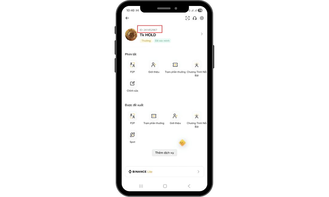 Mã UID hay ID Binance được hiển thị ngay dưới nicknamte tài khoản Binance của bạn 