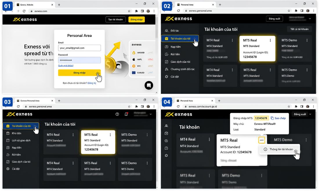 Các bước lấy mã ID tài khoản Exness tại "Khu vực cá nhân" trên website của Exness 