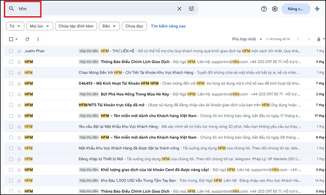 Trước tiên cần đăng nhập vào tài khoản email đã dùng để tạo tài khoản HFM trước đó và tìm thư được sàn HFM gửi tới 