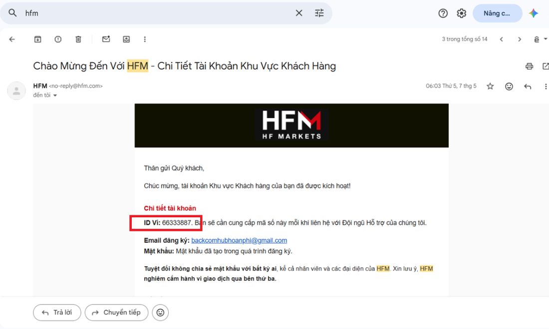 Mở email và copy mã ID có trong thư 